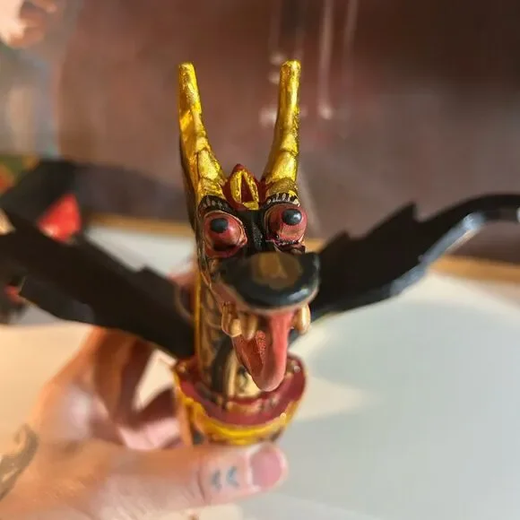 Vtg 90s 11.5" Dragon Naga Flying Hanging Green/Gold Handmade Wooden Bali Folkart - Picture 13 of 15